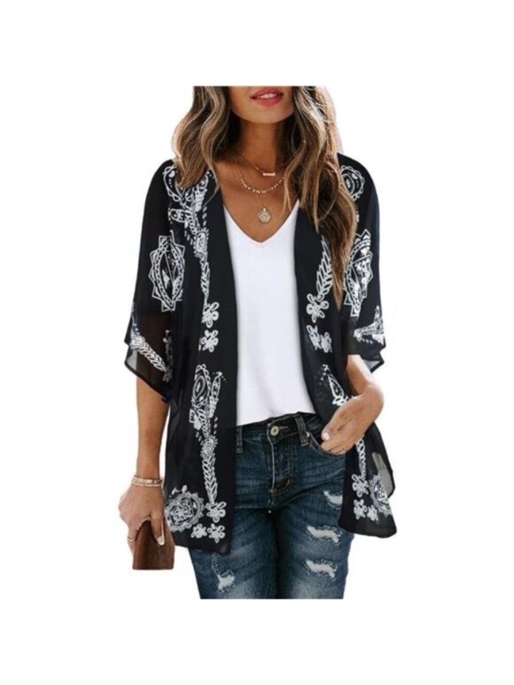 Women's Floral Print Puff Sleeve Kimono Cardigan Loose Cover Up